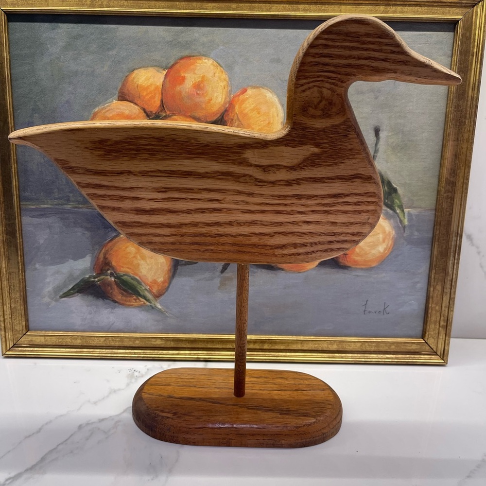 Vintage MidCentury Wooden Mallard Duck Silhouette On Dowel & Pedestal